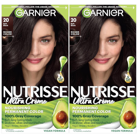 Garnier Hair Color Nutrisse Nourishing Creme, 20 Soft Black (Black Tea) Permanent Hair Dye, 2 Count (Packaging May Vary)
